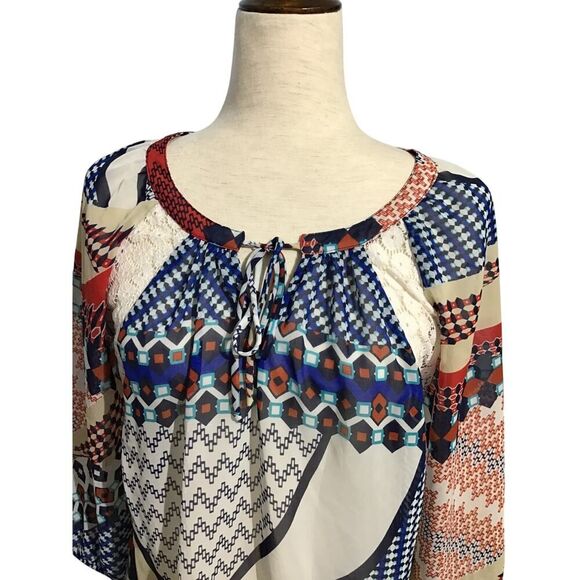 Beige Women's Tie Front Top Elastic Sleeves Lace Detail SM - Picture 6 of 10